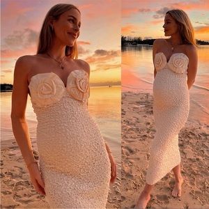 Mara Hoffman Popcorn Dress, cream organic cotton with rosette bust detail